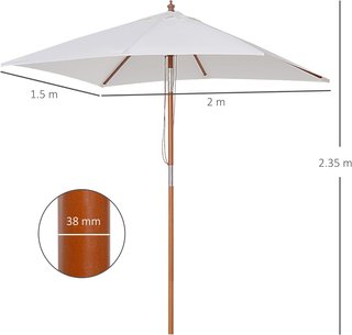 Ombrellone da Giardino Inclinabile 2X1.5 M con Sistema di Corda e Presa d'Aria, Ombrellone da Esterno a 6 Aste, in Legno, Bambù e Poliestere 180G/㎡, per Patio Balcone Terrazza, Crema