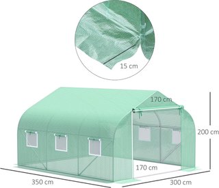 Invernadero de Jardín en Forma de Túnel con Puerta Enrollable, 6 Ventanas y Techo a Dos Aguas, Invernadero para Huerto en PE para Plantas, 3.5X3X2 M, Verde