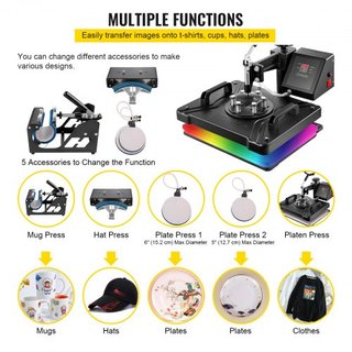 Máquina de Prensa Térmica 5 en 1 38x30cm Prensa para Camisetas Máquina de Impresión de Tazas Máquina Multifuncional de Transferencia Térmica para Camisetas Tazas Gorras Placas