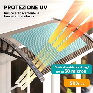 Toldo Exterior Impermeable y Anti-UV con Placa Curvada, Techo de Policarbonato, Aluminio y Polipropileno, 75X120X23 Cm, Marrón y Negro