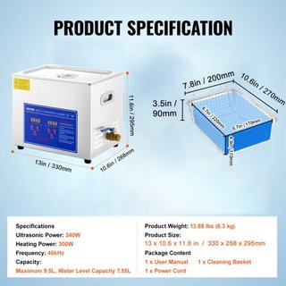 Limpiador Ultrasónico Profesional, Limpiador Ultrasónico de Joyería de 10 L con Temporizador Digital y Calentador, Limpiador Sónico Industrial de Acero Inoxidable 40kHz para Gafas, Relojes, Anillo...