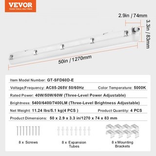 1270mm / 4FT Luz LED a Prueba de Vapor, Seleccionable 60W/50W/40W, Fijación a Prueba de Vapor de 5000K con 5400/6400/7400LM Ajustable, IP65 Impermeable para Estacionamiento, Almacén, Congelador, L...