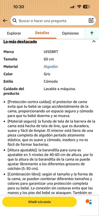 Barrera cama infantil 60 cm gris NUEVA. En caja.