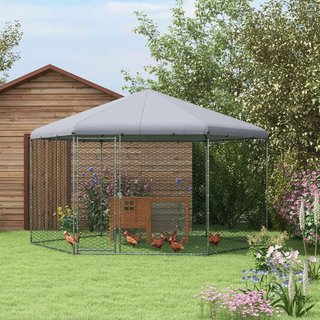 Recinto para Gallinas de Acero Galvanizado, Gallinero con Techo anti UV Impermeable y Puerta Bloqueable para 10-15 Gallinas, Patos, Conejos, Adecuado para Exterior, Jardín y Granja, 4X3.5X2.6M