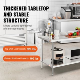 Mesa de Preparación de Acero Inoxidable, 30 x 72 x 34 Pulgadas, Mesa de Trabajo de Metal de Alta Resistencia con 3 Niveles de Altura Ajustables, Estación de Trabajo Comercial para Cocina, Garaje, ...