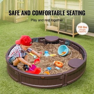 Caja de arena con cubierta, 47.2 x 9.1 in Caja de arena redonda, foso de arena HDPE con 3 asientos en esquina y forro inferior, caja de arena para niños para patio exterior, playa, parque, regalo ...