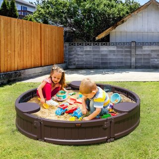 Caja de arena con cubierta, 47.2 x 9.1 in Caja de arena redonda, foso de arena HDPE con 3 asientos en esquina y forro inferior, caja de arena para niños para patio exterior, playa, parque, regalo ...