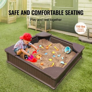 Caja de Arena con Cubierta, 48.6x48.6x12.4 en Caja de Arena Cuadrada, Foso de Arena HDPE con 4 Asientos en las Esquinas y Forro Inferior, Caja de Arena para Niños para Jardín Exterior, Playa, Parq...