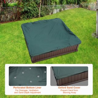 Caja de Arena con Cubierta, 48.6x48.6x12.4 en Caja de Arena Cuadrada, Foso de Arena HDPE con 4 Asientos en las Esquinas y Forro Inferior, Caja de Arena para Niños para Jardín Exterior, Playa, Parq...