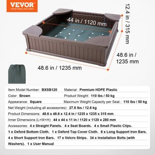 Caja de Arena con Cubierta, 48.6x48.6x12.4 en Caja de Arena Cuadrada, Foso de Arena HDPE con 4 Asientos en las Esquinas y Forro Inferior, Caja de Arena para Niños para Jardín Exterior, Playa, Parq...