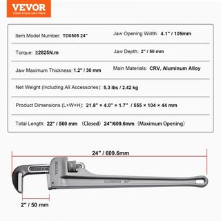 Llave de tubo, llave de tubo recta de aluminio de 24", llave de plomería ajustable, con mandíbula de alta resistencia y mango ergonómico, fácil de transportar, diseño colgante, para tuberías de ag...