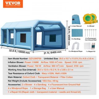 Cabina de Pintura Inflable, 32.8 x 21 x 14.8 pies/10 x 6.4 x 4.5 m Cabina de Spray Inflable, con sopladores potentes de 1100W+750W y sistema de filtración de aire, Cabina de Pintura Portátil para ...