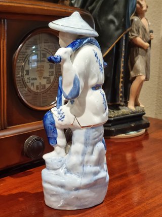 Figura Porcelana China Vintage Azul Blanco Oro