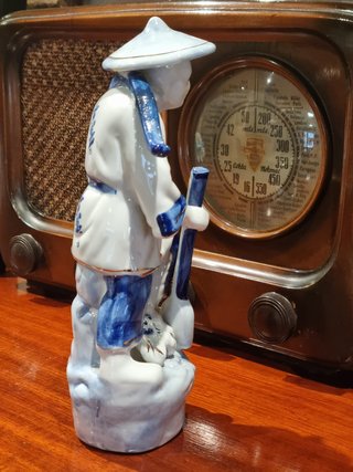 Figura Porcelana China Vintage Azul Blanco Oro