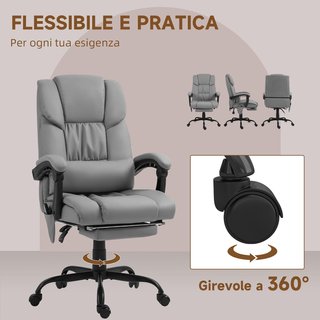 Sillón Masajeador y Reclinable con Altura Ajustable y Reposapiés, Sillón Acolchado de Piel Sintética y Metal, 66X75X112-122 Cm, Gris