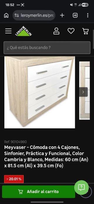 Cómoda 4 cajones estilo nórdico, nevera y espejo.