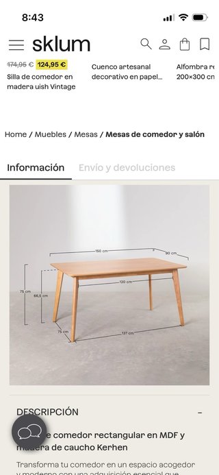 Mesa de comedor Sklum Madera Oscura 150x90