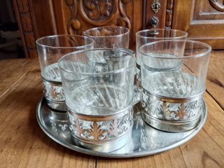 Vasos con bandeja alpaca y cristal