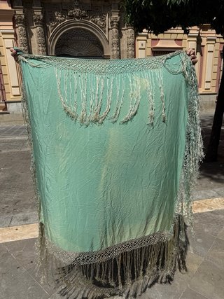 Manton Manila antiguo Turquesa flecos largos