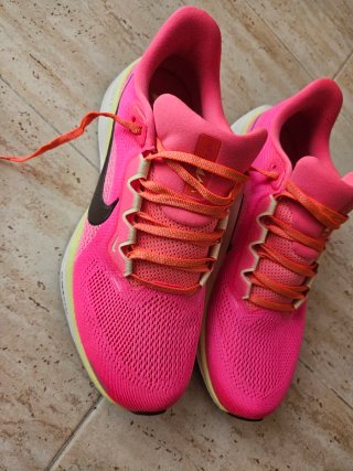 Nike Pegasus 41 rosas / cordones naranjas.