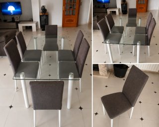 Mesa comedor cristal y 6 sillas tapizadas