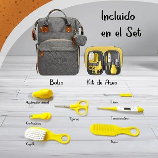 Mochila Pañalera Gris y Amarilla Multifuncional