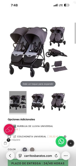 Carro gemelar gris con bolso y cambiador