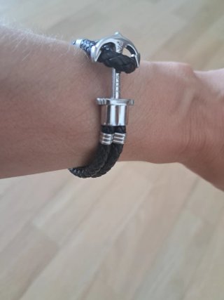 Pulsera Cuero Negra Ancla Plata