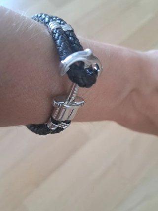 Pulsera Cuero Negra Ancla Plata