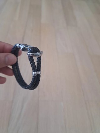 Pulsera Cuero Negra Ancla Plata
