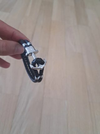 Pulsera Cuero Negra Ancla Plata