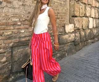 Pantalón bombacho rayas fucsia y naranja