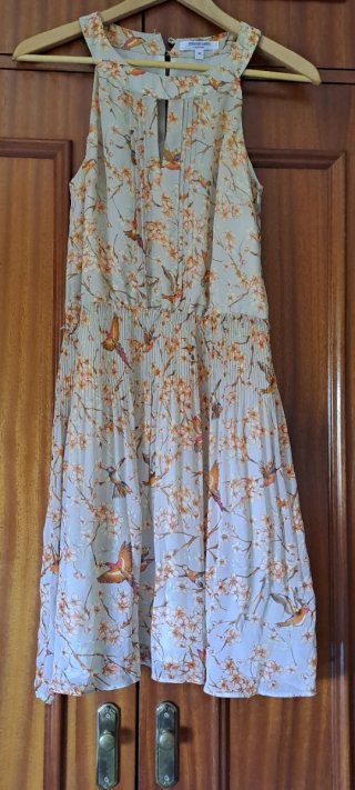 Precioso Vestido Gasa Estampado Pájaros Flores
