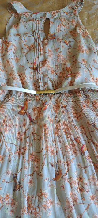 Precioso Vestido Gasa Estampado Pájaros Flores