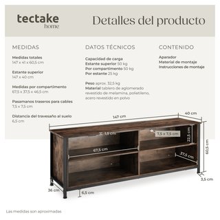 Mueble bajo estilo industrial para TV 147x41x60,5 cm madera oscura