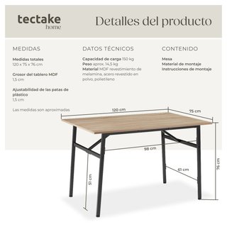 Mesa de comedor 120x75x76cm, madera industrial clara, roble Sonoma