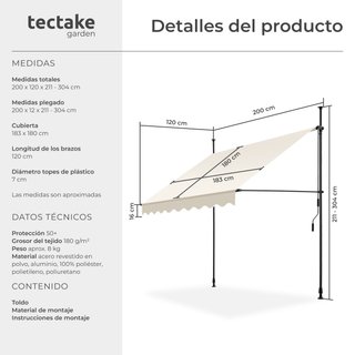 Toldo plegable para balcón con manivela 200x120x211-304 cm, beige