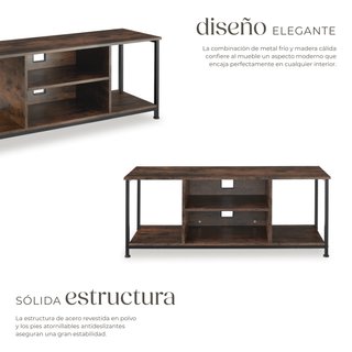 Mueble bajo TV con 4 estantes fijos y uno ajustable, madera oscura