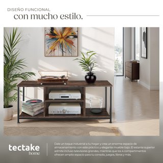 Mueble bajo TV con 4 estantes fijos y uno ajustable, madera oscura