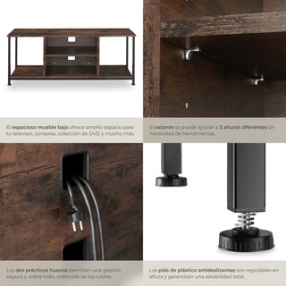Mueble bajo TV con 4 estantes fijos y uno ajustable, madera oscura