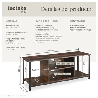 Mueble bajo TV con 4 estantes fijos y uno ajustable, madera oscura