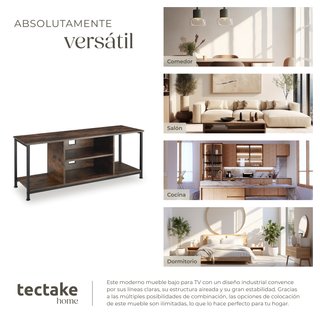 Mueble bajo TV con 4 estantes fijos y uno ajustable, madera oscura