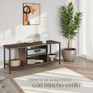 Mueble bajo TV con 4 estantes fijos y uno ajustable, madera oscura