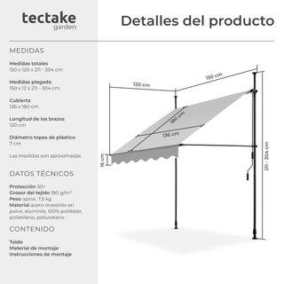 Toldo plegable para balcón con manivela 150x120x211-304 cm, gris claro