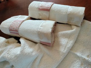 Coppie Asciugamani Spugna Beige/Bianco