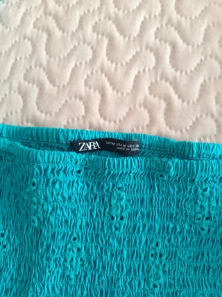 Top Zara Turquesa Mangas Abullonadas