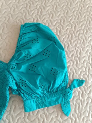 Top Zara Turquesa Mangas Abullonadas