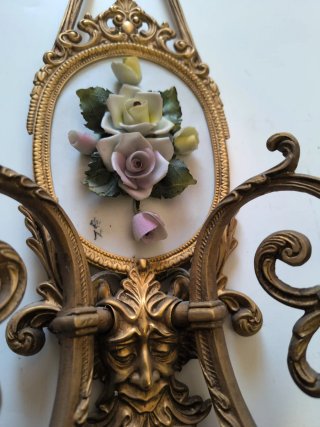 Rara Coppia Applique Ottone e Capodimonte
