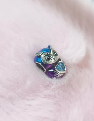 CharmPlata  para Pandora Diseño Búho Corazón Azul