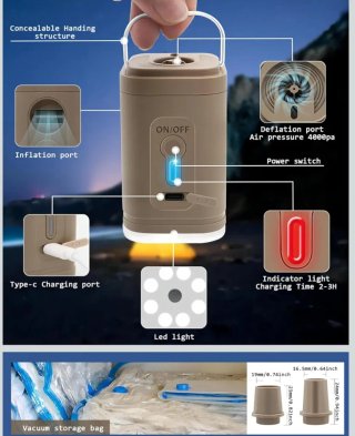 Bomba de aire y Lampara recargable para colchones